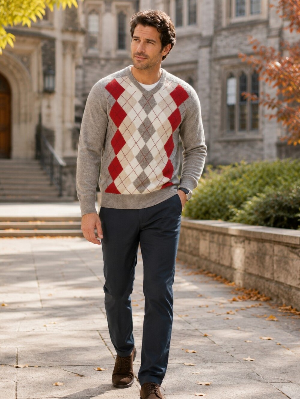 Simons Le 31 Lambswool Argyle V-Neck Sweater Men's M Preppy